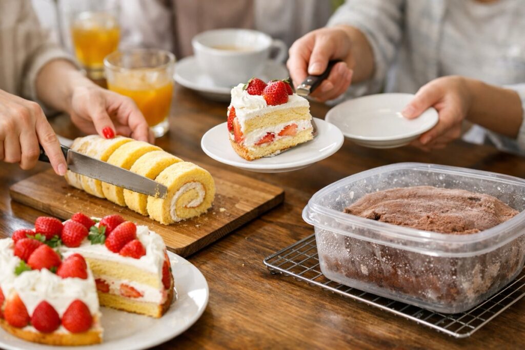 ケーキ：切り分けでシェアしやすい