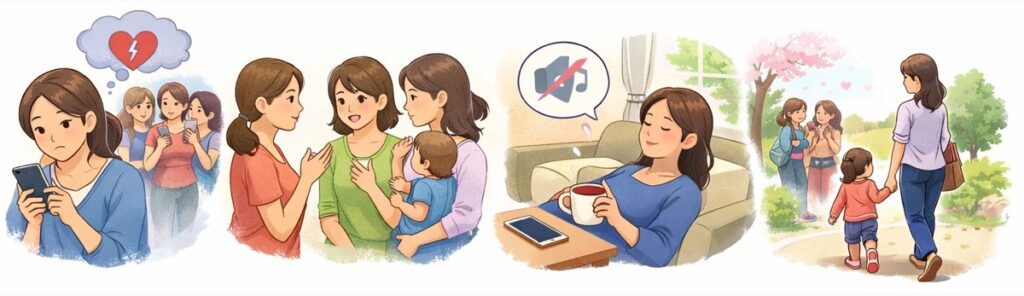 既読スルーでの誤解LINEの既読スルーひとつで、こんなにこじれるのかと呆れた話があります。子育てサークルに参加したものの、メンバーとの年齢差が思ったより大きく、グループLINEのペースについていくのがしんどい日が続いたとのこと。忙しくてすぐ返信できなかっただけなのに、グループ内で「無視された」と受け取られ、次第に責められるような空気になっていったそうです。既読をつけてしまった以上、返信しないと「わかった上で無礼な人」になるという、どう動いても詰められる状況があるようです。その後、通知をオフにして徐々に距離を置いたところ、精神的な負担がかなり減ったというケースがあります。対処法	ポイント正直に伝える	忙しい旨を一言添えるだけで誤解が解けることも通知設定を変える	グループの通知をオフにし、余計なストレスを減らす距離を置く	無理に関係を続けない。それも立派な選択「全員と仲良くしなきゃ」という呪いを手放すと、ずいぶん楽になります。SNS時代のコミュニケーションは返信速度で人格を測るような空気がありますが、そんなルール、別に守らなくていいんです。