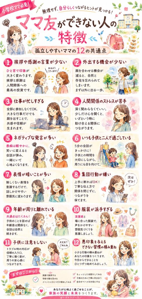 小学校でママ友がいない人の共通点｜孤立しやすいママの特徴