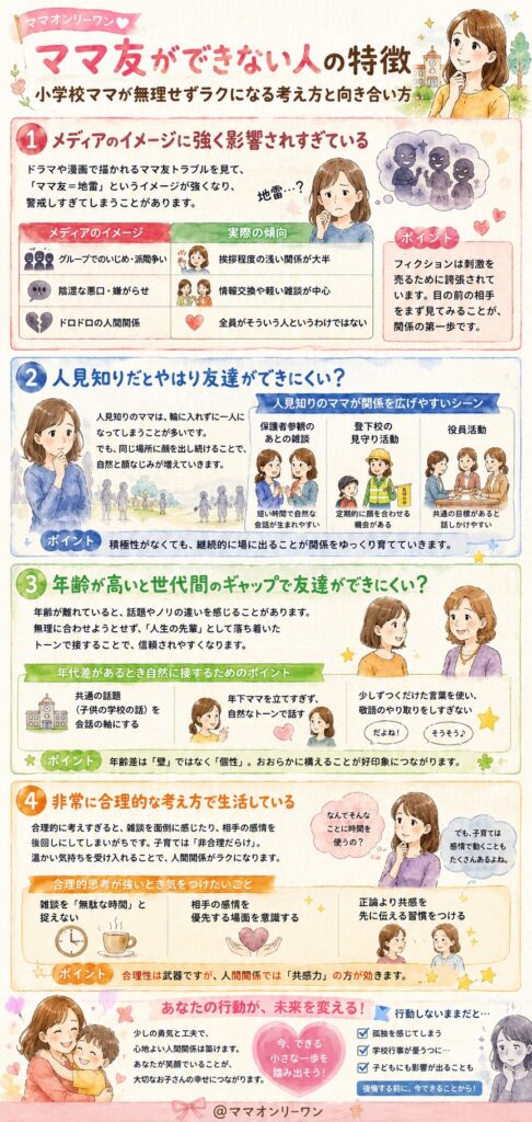 小学校でママ友ができにくい、またはいない人の特徴とその理由
