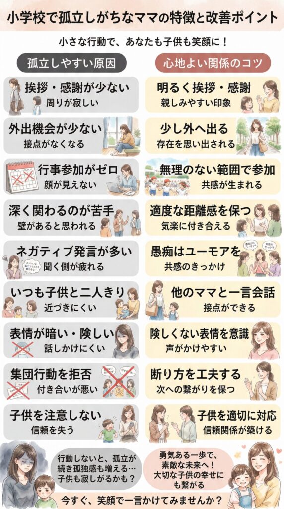 小学校でママ友がいない人の共通点｜孤立しやすいママの特徴
