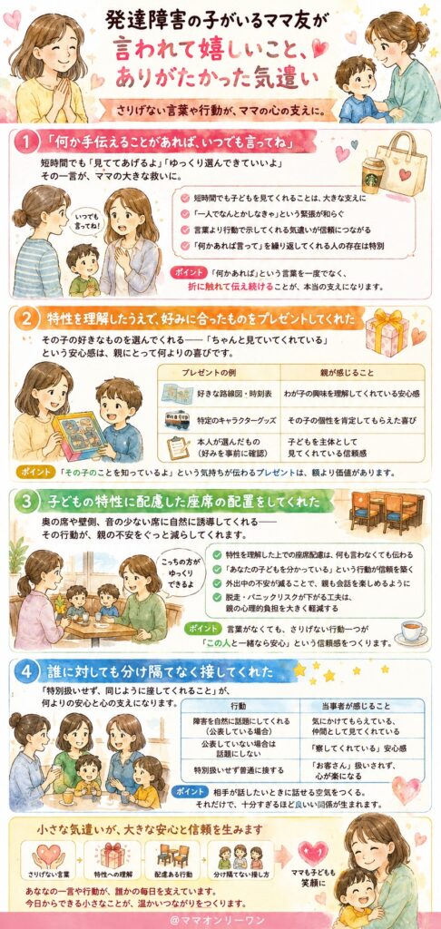 発達障害の子がいるママ友が言われて嬉しいこと、ありがたかった気遣いなど