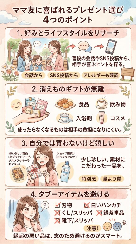 ママ友に喜ばれるプレゼント選びで押さえる4つのポイント