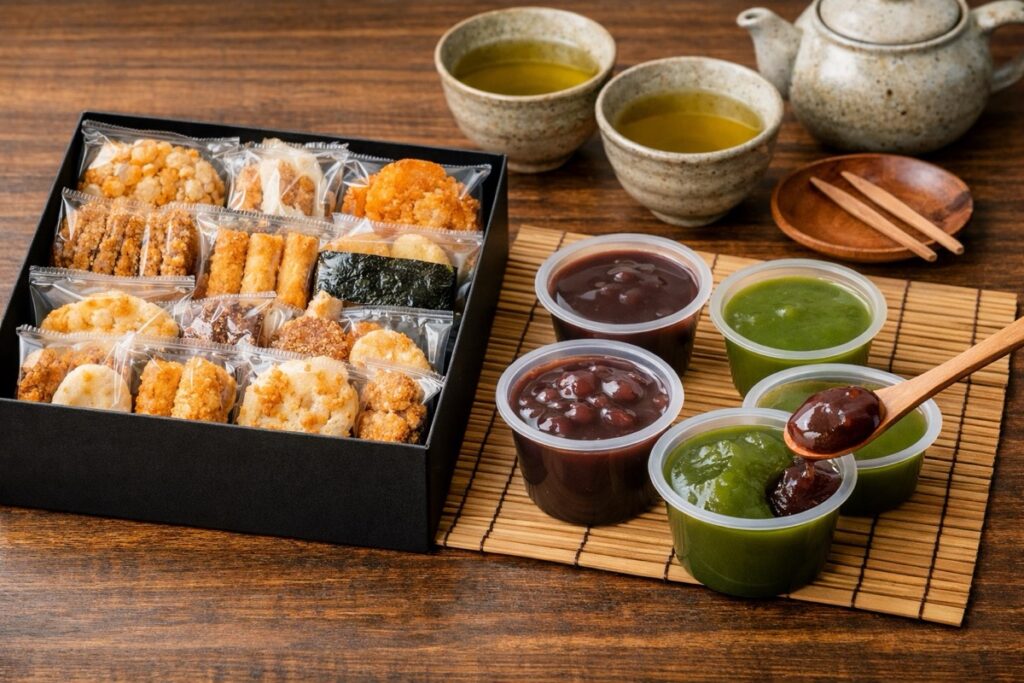 和菓子・塩系：亀田製菓の煎餅、水ようかん