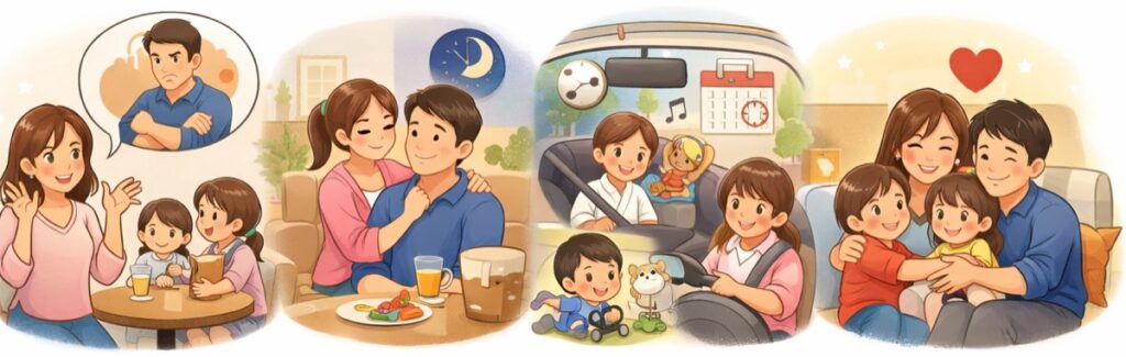 夫・子供の都合を理由にした例文