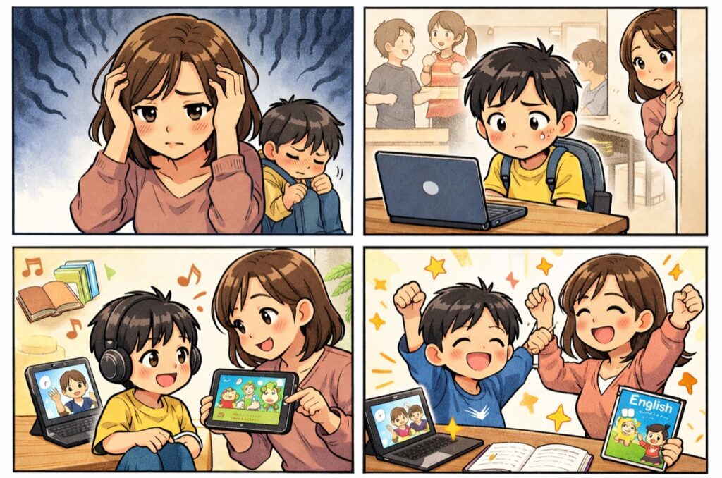 引っ込み思案な子どもの英会話を自宅で続ける方法!オンライン・アプリ・教材の賢い使い方
