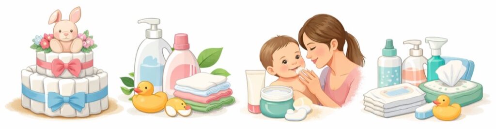実用的で感謝されやすい消耗品（おむつケーキ・ベビー用洗剤・保湿クリームなど）