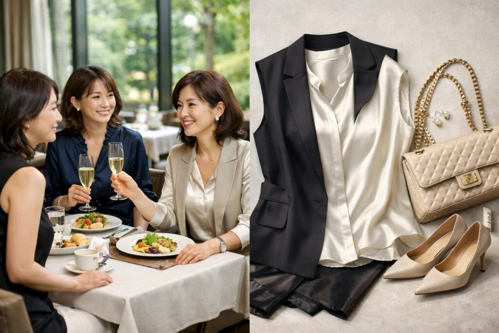 光沢トップスはホテルランチにも使えると評判