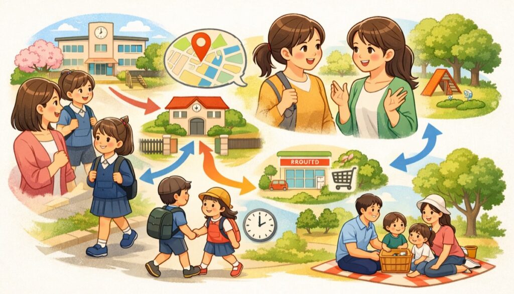 校区や通学路の話をふってみる