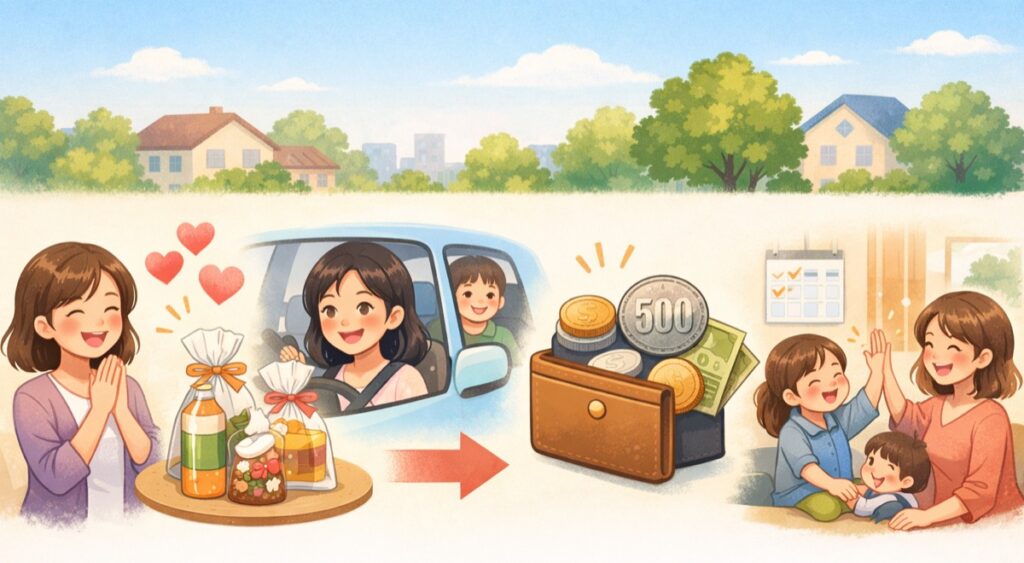 近場(片道10〜30分ほど)なら言葉+ちょっとしたモノでOK