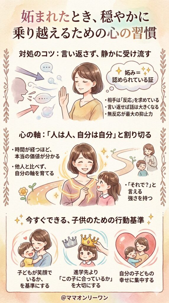 以下の内容を解析し、要点をまとめてインフォグラフィックを使ったわかりやすい図解を作成して、スマホで見やすいサイズの画像作成。日本人が読者"""""""妬まれたとき、穏やかに乗り越えるための考え方理不尽なことを言われた後、どう気持ちを整えるか。これが一番難しいし、一番大事なところです。怒りを抑えて、かつ自分も傷つかないために。具体的な考え方をお伝えします。言い返さない・騒がない…それが一番賢い対処である理由言い返さない・騒がない…それが一番賢い対処である理由「コネで受かったって本当？」と言われたとき、カチンとくるのは当然です。でも、そこで感情に任せて言い返すと、泥沼になります。こういう場面で「それは違う」とだけ短く言って、それ以上を語らなかった人がいます。火に油を注がず、自分の正しさをわざわざ証明しようともしなかった。結果として、噂はいつの間にか消えていきました。言い返せば言い返すほど、話は大きくなる。これはほぼ確実に起きます。相手が求めているのは「反応」である場合も多く、無反応でいることが最大の抑止力になります。「妬みは最大の賛辞」という言い方があります。それだけ認められているということだと受け取れると、気持ちがすっと軽くなります。「人は人、自分は自分」と腹の底から思えるようになるヒント「人は人、自分は自分」と腹の底から思えるようになるヒント頭では分かってる。でも腹の底から思えるようになるまでには、時間がかかる。妬まれる経験を通じて「受験の結果がその後の全てではない。どこへ進んでも、子どもの人生は続いていく」と腹落ちしました。受験直後にその境地に達するのは難しいですが、時間が経つほど、これが本当だと実感できます。「他人と比べると、自分の軸がぶれる」という感覚を持てると、少し変わります。誰かに何かを言われたとき、「それで？」と思えるくらいの自分の軸を育てること。それが、妬まれてもぐらつかない一番の土台になります。子どもが笑顔でいるか、を基準にする進学先より「この子に合っているか」を大切にする他のママの反応で、子育ての正解を測らない「良い学校＝良い人生」という価値観を一度疑ってみる自分の子どもの幸せに集中できているとき、他人の言葉はずいぶん小さく聞こえてきます。""""""スタイル：美しい水彩画の手書き風で日本のアニメ風イラスト条件文字数は少なめにし、シンプルなものにする誤字脱字、内容の重複、無駄な文字は修正する人を描く場合、腕の本数、指の本数など、人間の作りで間違いは修正する著作権の問題にならないもので完全オリジナルと認識されるもの。違法行為を助長させないような内容とするスマホに入っているようなデザインはつかわない「@ママオンリーワン」と下の方に小さくクレジットとして載せる以下の指示通り作成する【記事の基本情報】読者対象：ママ友同士の関係に悩んでおり、辛い人間関係はめんどくせいと思っており自分とその家族を幸せにしたいと思っている40代の日本人の心が美しい、常に与えることに真剣で与えることが大好きな日本人女性ママ（世帯年収1200万円)【読後設計】読者が読了した後の気持ち：記事の内容に沿って行動した場合ママ関連の悩みが解決される素晴らし未来を想像させ、自分が幸せになることで大切な子供も幸せにすることができると信じられるようになる。そして適切な行動ができるようになる。記事を読みを得たあとすぐに、今すぐにでも子供のために何かやってあげたいと思う。また、記事の内容に沿って行動しなかった場合の後悔を強く感じさせること。