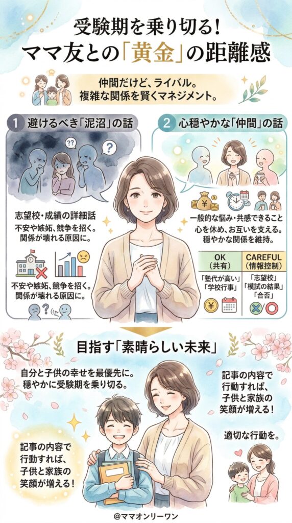 以下の内容を解析し、要点をまとめてインフォグラフィックを使ったわかりやすい図解を作成して、スマホで見やすいサイズの画像作成。日本人が読者"""""""受験期に知っておきたい「ママ友との距離感」の取り方受験期のママ友関係は、関わり方ひとつで穏やかにも、泥沼にもなります。親切心から情報を共有したつもりが、後から思わぬ形で返ってくることもあります。どう距離を保てばいいのか、具体的に考えてみましょう。進学先・成績の話は、なぜ慎重に扱った方がいいのか進学先・成績の話は、なぜ慎重に扱った方がいいのか「正直に話してしまってから関係がおかしくなった」というエピソードは、本当によく聞きます。ぶっちゃけ、受験期のママ友関係というのは「仲間でありながらライバル」という複雑な立場です。いくら仲良くしていても、結果が出た瞬間に温度が変わることがある。それがリアルです。良い情報はライバルには教えたくなくなるのが人情で、逆に相手の気持ちが揺らぐような話は、ついこぼれ出てしまうこともあります。結果として、ママ友ランチで得られる情報は「有益なもの」より「不安を煽るもの」の方が多くなりがちです。志望校を打ち明けたら同じ学校を受けてきた、成績を話したら探られるようになった——こうした話がある以上、受験期はできる限り情報を絞る方が、結果的に関係を守ることにもつながります。話してOKな内容        慎重に扱いたい内容「塾代が大変」などの一般的な愚痴        志望校の名前・偏差値の目標「受験って緊張するよね」などの共感話        模試の結果・成績の詳細学校の行事・スケジュール情報        合否の結果（タイミングに注意）スクロールできます""""""スタイル：美しい水彩画の手書き風で日本のアニメ風イラスト条件文字数は少なめにし、シンプルなものにする誤字脱字、内容の重複、無駄な文字は修正する人を描く場合、腕の本数、指の本数など、人間の作りで間違いは修正する著作権の問題にならないもので完全オリジナルと認識されるもの。違法行為を助長させないような内容とするスマホに入っているようなデザインはつかわない「@ママオンリーワン」と下の方に小さくクレジットとして載せる以下の指示通り作成する【記事の基本情報】読者対象：ママ友同士の関係に悩んでおり、辛い人間関係はめんどくせいと思っており自分とその家族を幸せにしたいと思っている40代の日本人の心が美しい、常に与えることに真剣で与えることが大好きな日本人女性ママ（世帯年収1200万円)【読後設計】読者が読了した後の気持ち：記事の内容に沿って行動した場合ママ関連の悩みが解決される素晴らし未来を想像させ、自分が幸せになることで大切な子供も幸せにすることができると信じられるようになる。そして適切な行動ができるようになる。記事を読みを得たあとすぐに、今すぐにでも子供のために何かやってあげたいと思う。また、記事の内容に沿って行動しなかった場合の後悔を強く感じさせること。