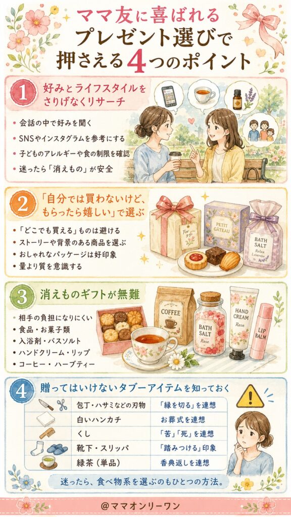 ママ友に喜ばれるプレゼント選びで押さえる4つのポイント