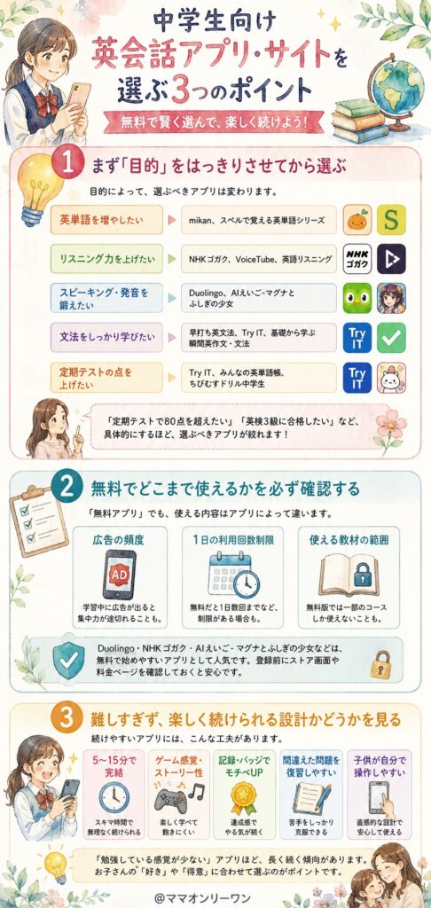 中学生向け英会話アプリ・サイトを選ぶポイント