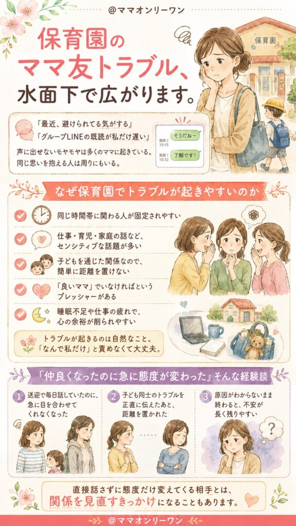 保育園のママ友トラブル、水面下で広がります。