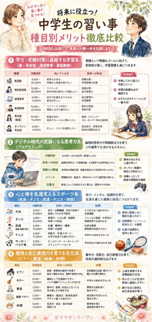将来に役立つ中学生の習い事、種目別メリット徹底比較