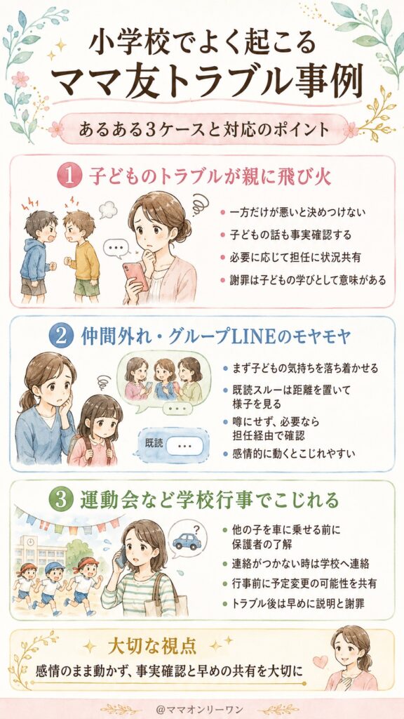 小学校でよく起こるママ友トラブル、こんな事例があります