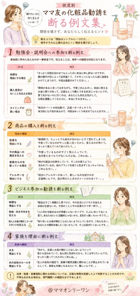 状況別｜ママ友の化粧品勧誘を断る例文集