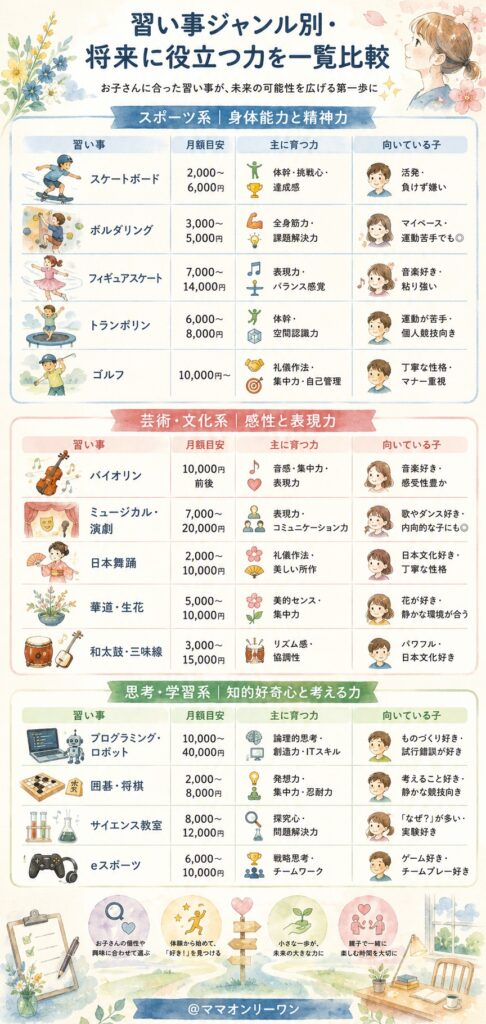 習い事ジャンル別・将来に役立つ力を一覧比較