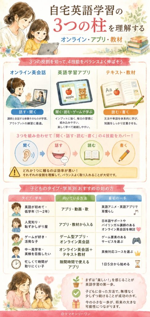 自宅英語学習の3つの柱を理解する【オンライン・アプリ・教材】