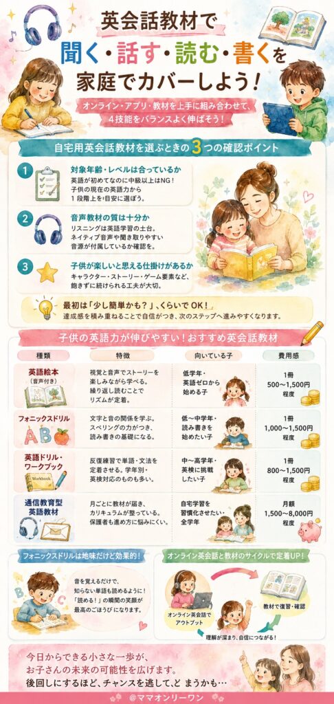 英会話教材で「聞く・話す・読む・書く」を家庭でカバーする