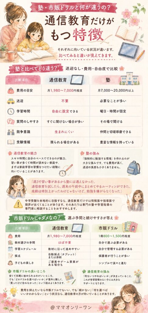 塾・市販ドリルと何が違うの？通信教育だけがもつ特徴