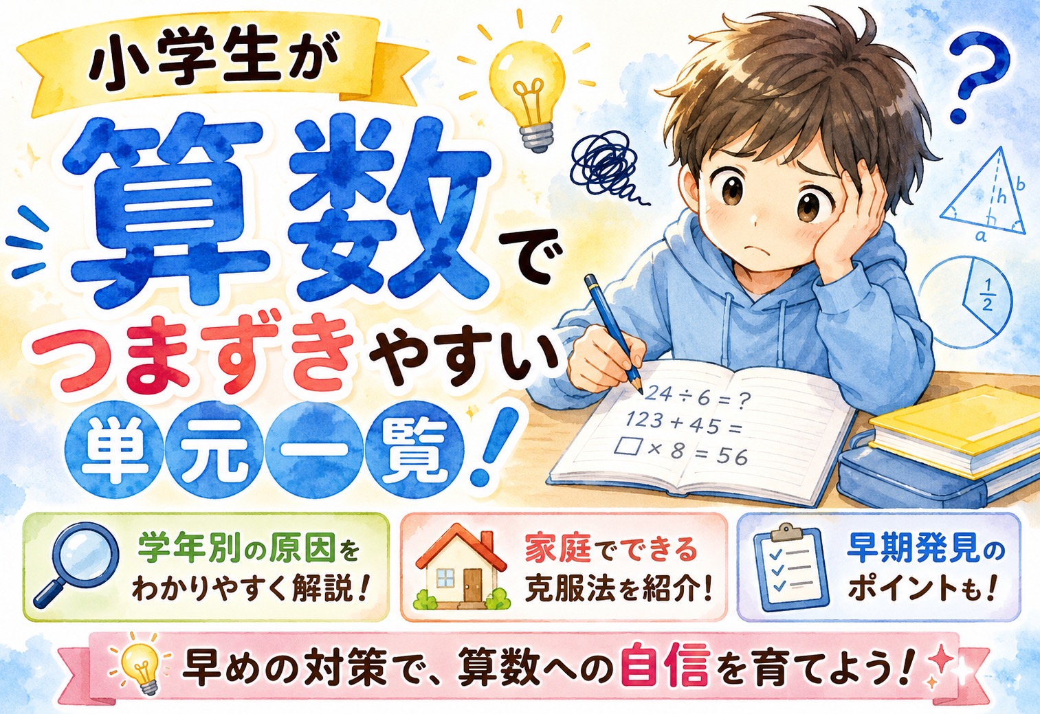 小学生が算数でつまずきやすい単元一覧！学年別の原因と家庭でできる克服法・早期発見のポイント