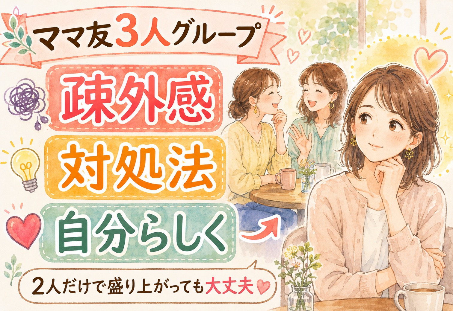 ママ友3人グループで疎外感を感じた時の対処法|2人だけで盛り上がる場面でも自分らしくいられる考え方