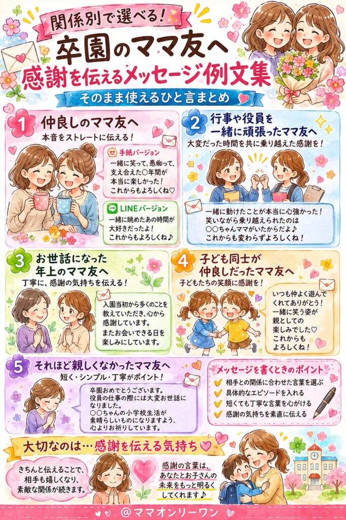 【関係別】卒園メッセージ例文集|ママ友へ