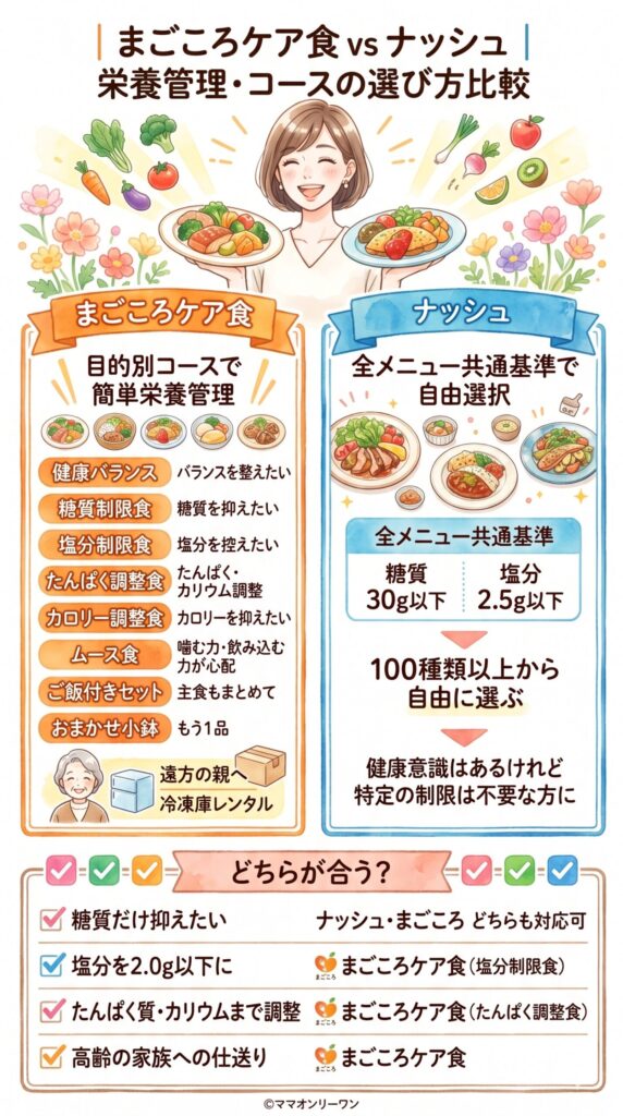 まごころケア食とナッシュ　栄養管理・コースの選び方を比べてみた