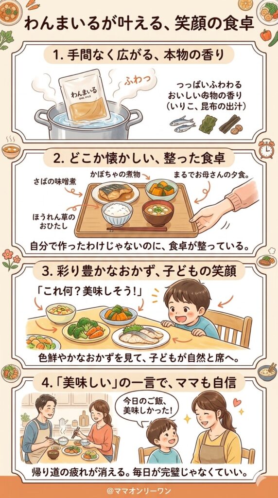 わんまいるを食卓に並べる、ある日の夕食風景