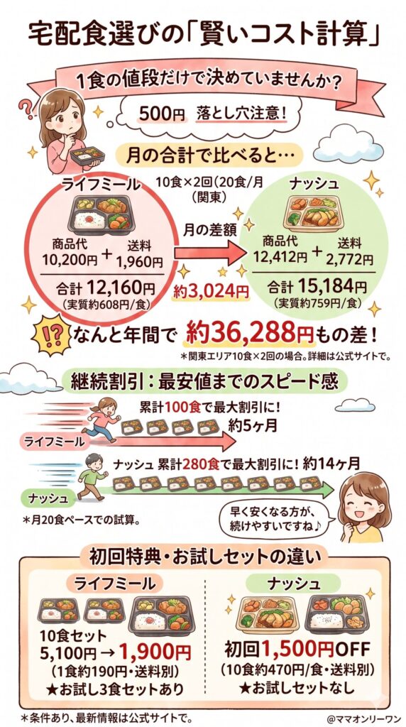 ライフミールとナッシュ 料金｜1食あたりの価格差は毎月・毎年でどう変わるか