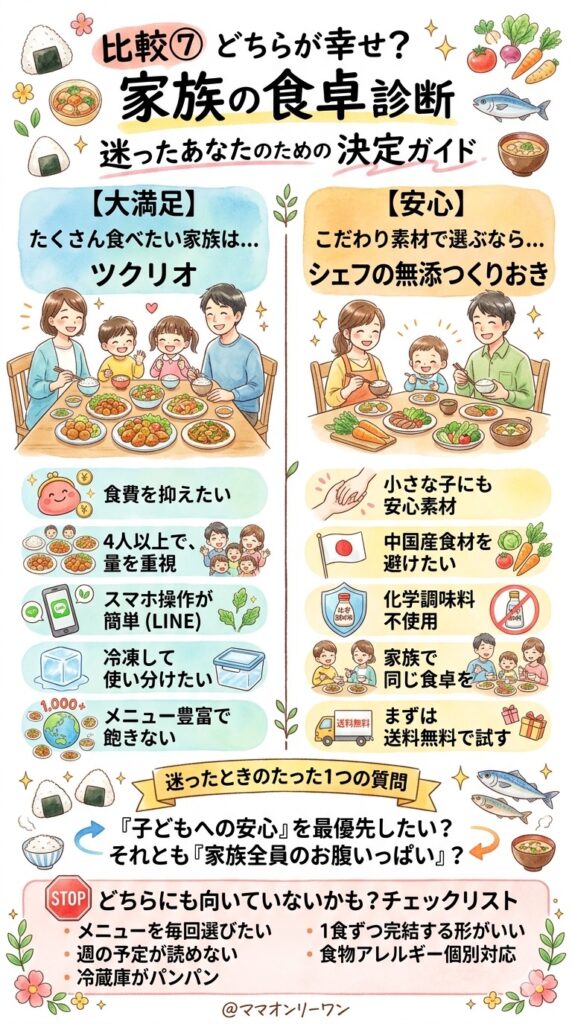 ツクリオ(つくりおき.jp)とシェフの無添つくりおき　較⑦こんな家族にはツクリオ、こんな家族にはシェフの無添つくりおき