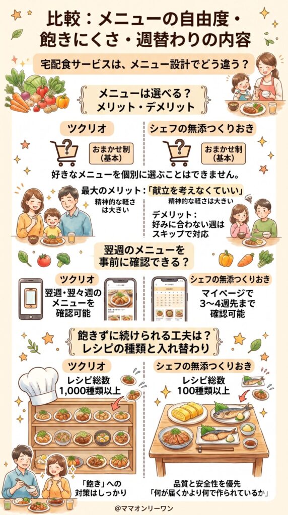 ツクリオ(つくりおき.jp)とシェフの無添つくりおき　比較⑥メニューの自由度・飽きにくさ・週替わりの内容
