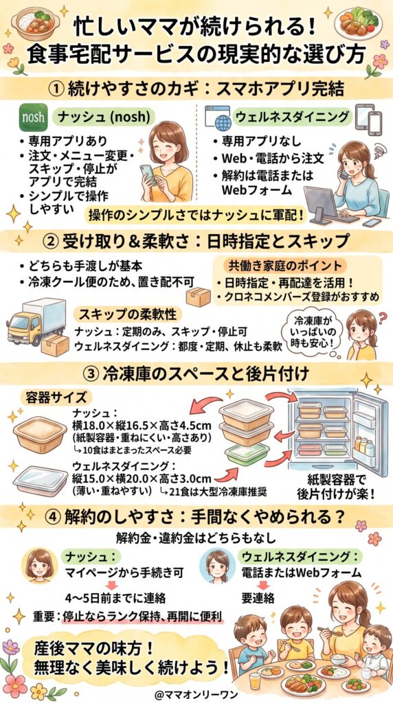 ナッシュとウェルネスダイニング　注文・受け取り・解約のしやすさ｜忙しいママが使い続けられるかどうかの現実