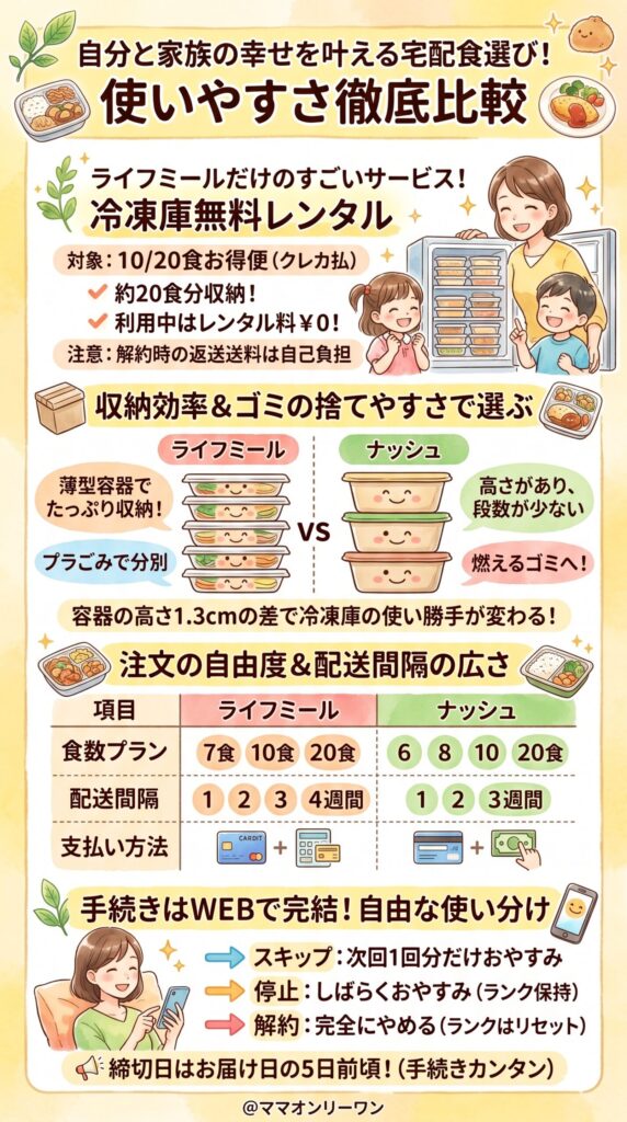 ライフミールとナッシュ サービスの使いやすさ｜注文・保管・解約のしやすさ