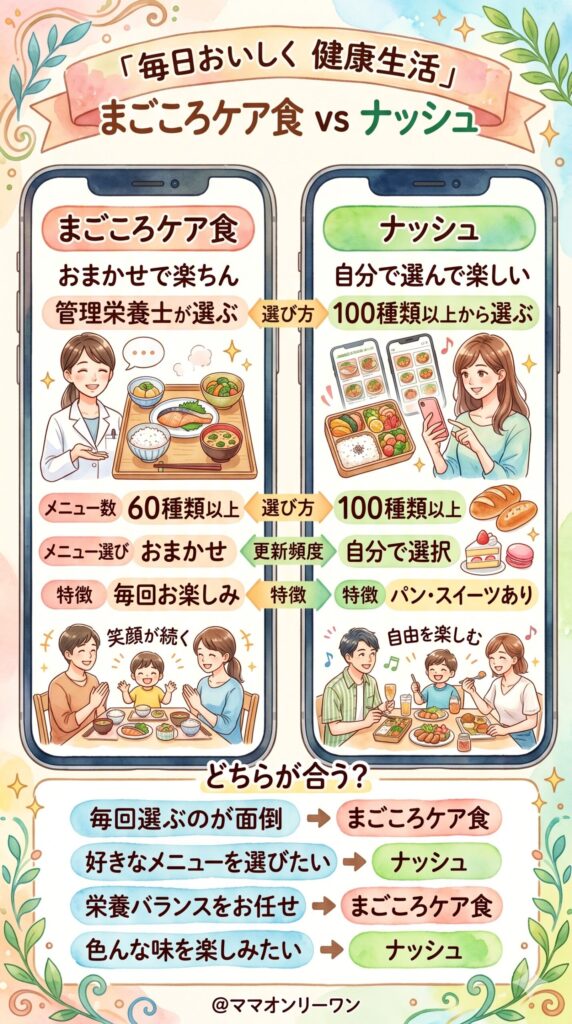 まごころケア食とナッシュ　メニューの数・選び方・飽きにくさを比べてみた