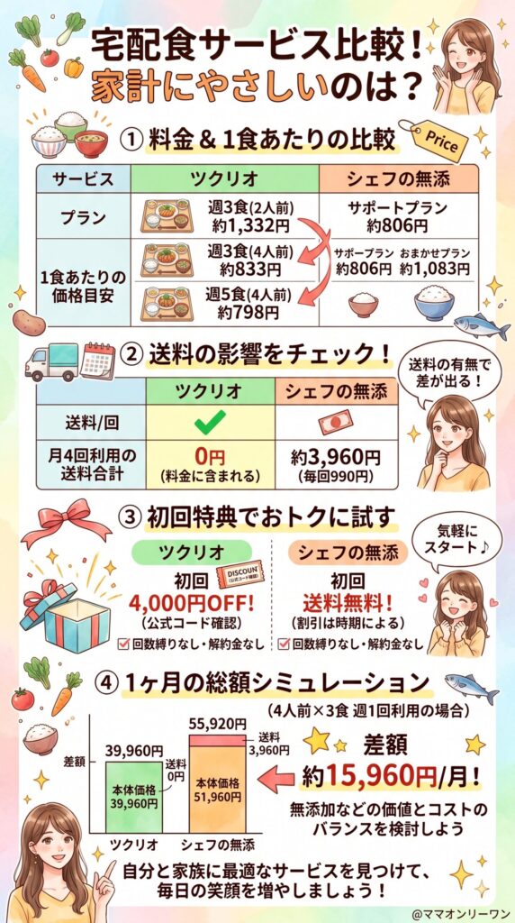 ツクリオ(つくりおき.jp)とシェフの無添つくりおき　比較①料金・送料・初回キャンペーン