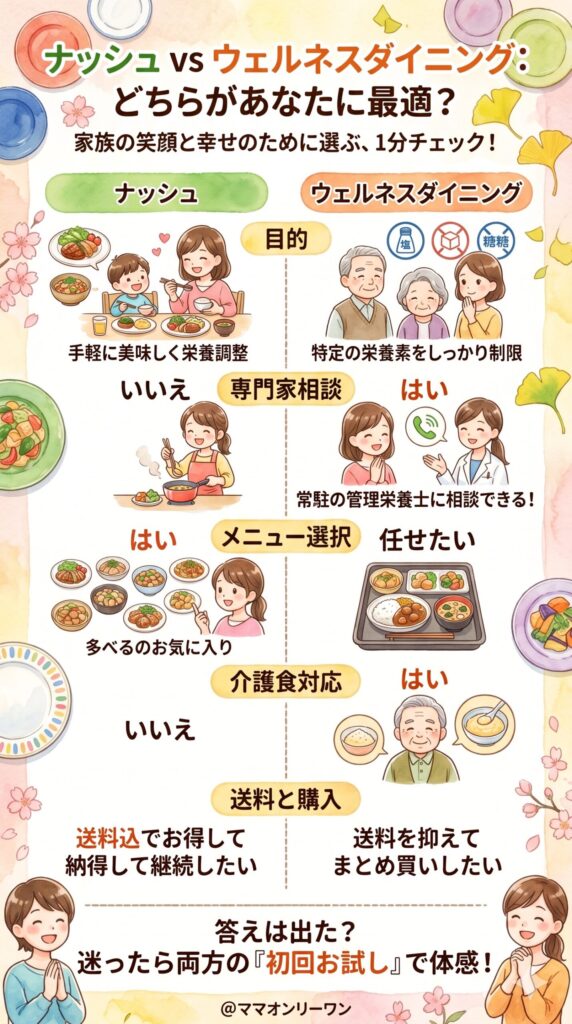 ナッシュとウェルネスダイニング　両方を並べた比較表｜項目ごとにどちらが優れているかを一目で確認