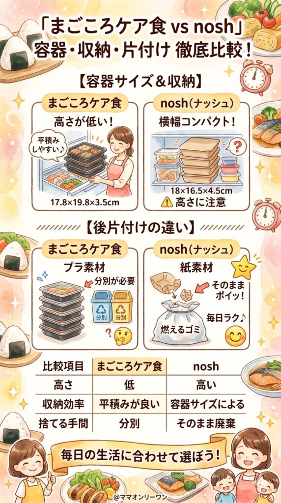 まごころケア食とナッシュ　容器サイズ・冷凍庫への収納を比べてみた