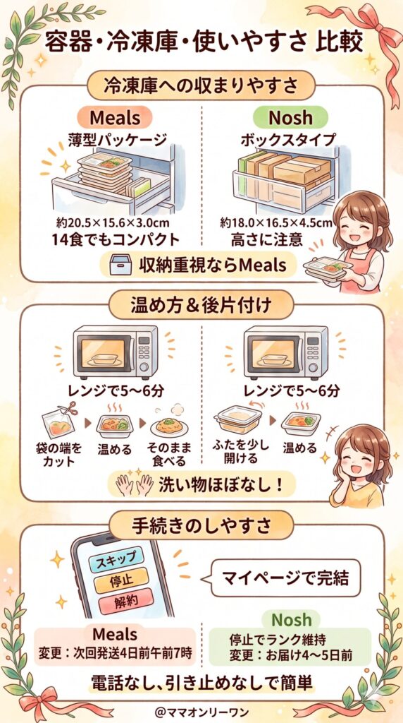 ミールズとナッシュ　容器・冷凍庫との相性・使いやすさを比較