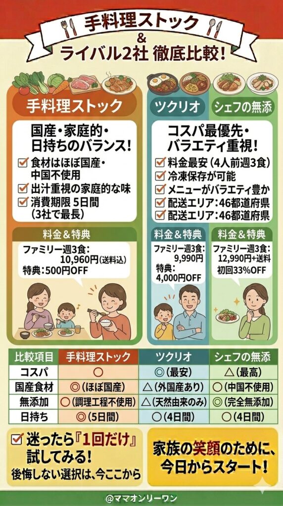 手料理ストックとライバル2社を徹底比較｜迷ったときの最終判断材料