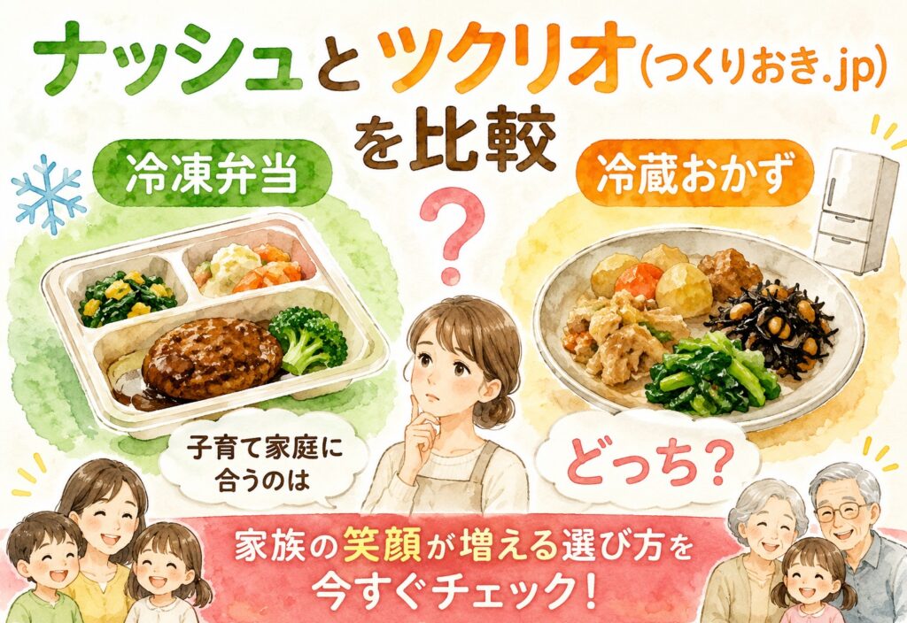 ナッシュとツクリオ(つくりおき.jp)を比較｜冷凍弁当vs冷蔵おかず、子育て家庭に合うのはどっち？