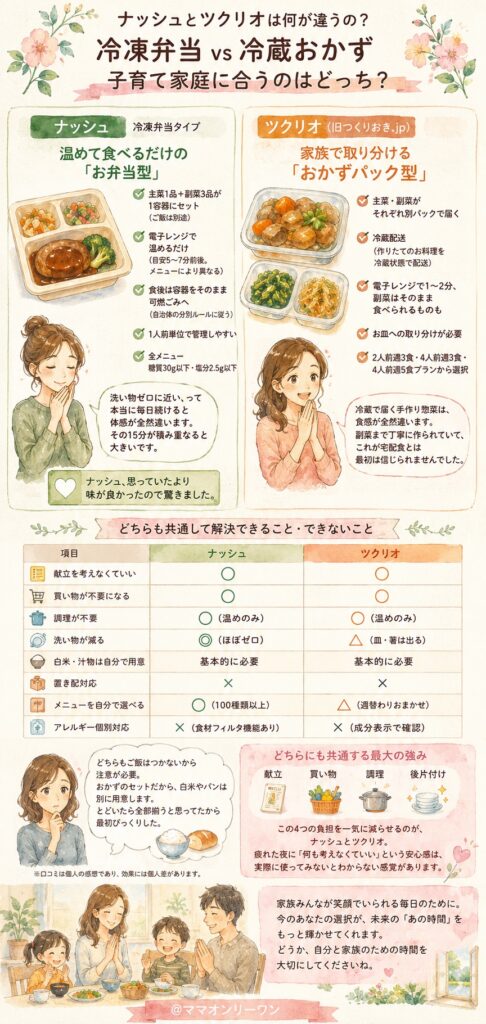 ナッシュとツクリオは何が違うの？冷凍弁当と冷蔵おかずという根本的な差