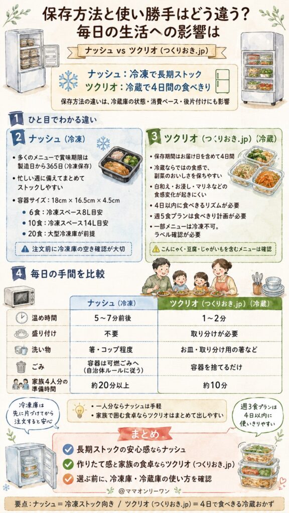ナッシュとツクリオ(つくりおき.jp) 保存方法と使い勝手はどう違う？毎日の生活への影響は
