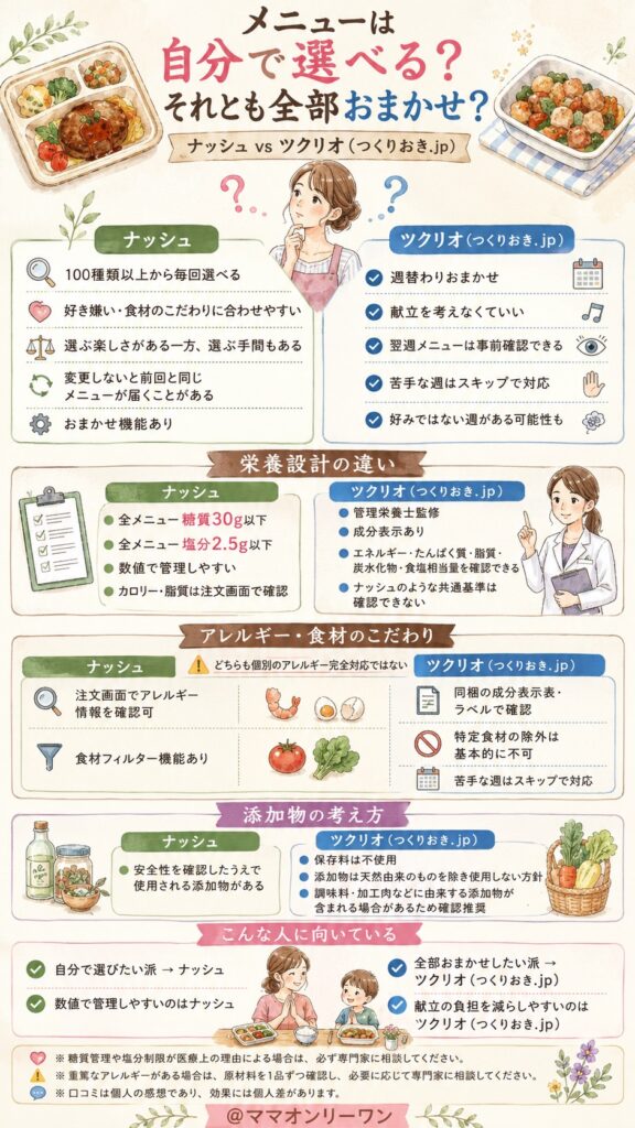 ナッシュとツクリオ(つくりおき.jp) メニューは自分で選べる？それとも全部おまかせ？