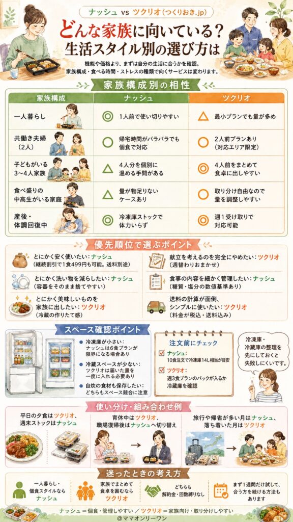 ナッシュとツクリオ(つくりおき.jp) どんな家族に向いている？生活スタイル別の選び方は