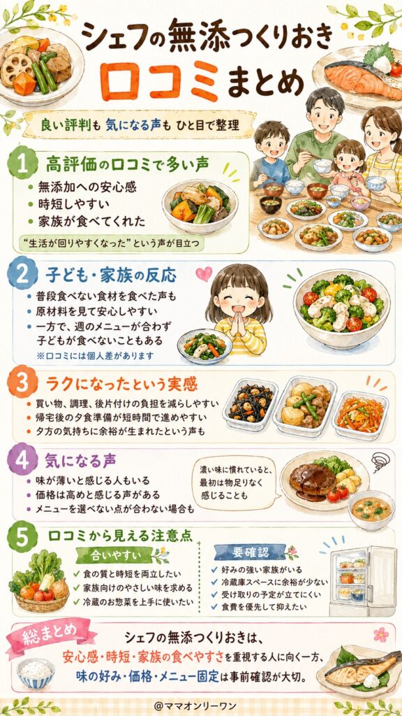 シェフの無添つくりおき 利用者の本音口コミまとめ|良い評判も気になる声もそのまま紹介