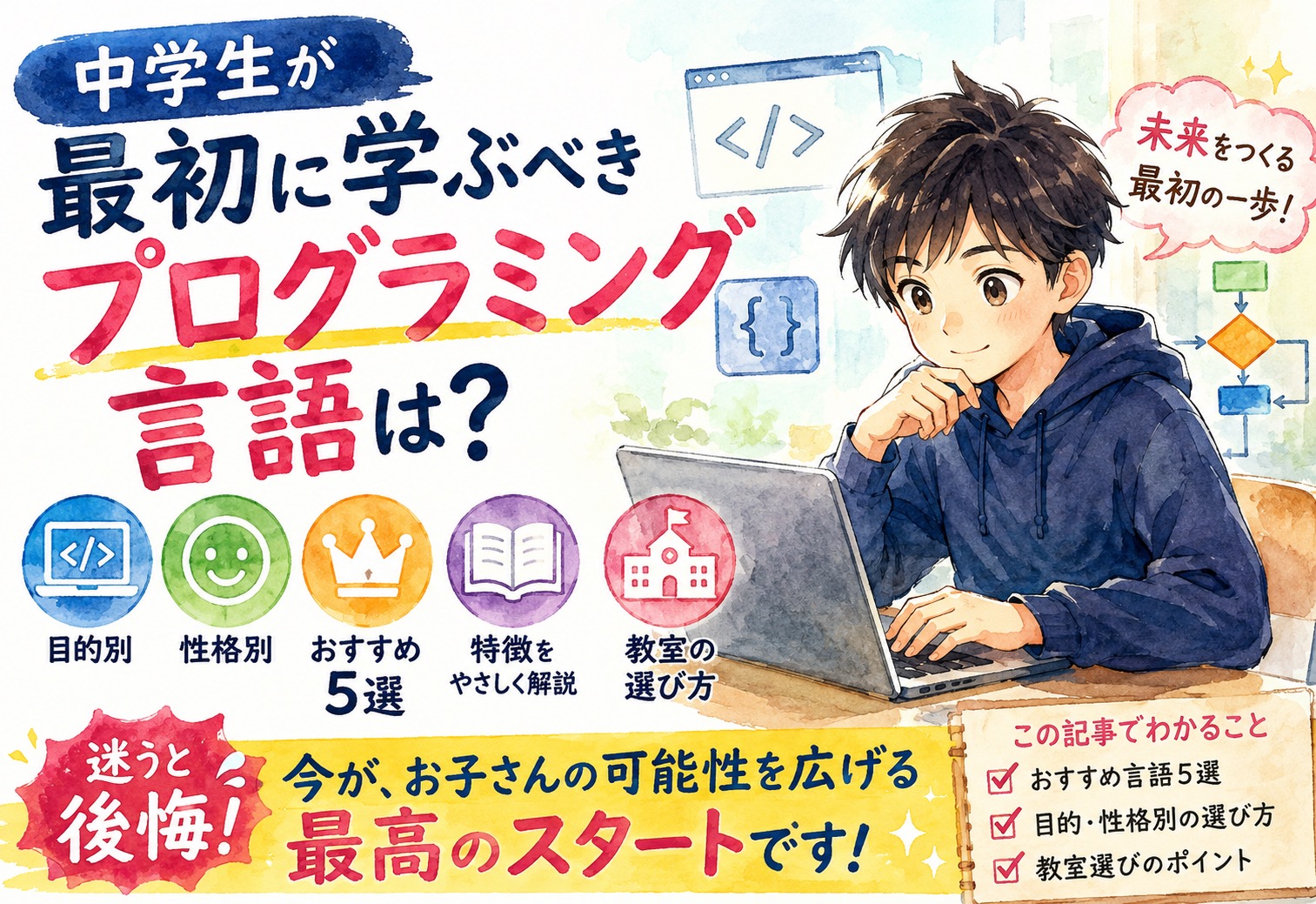 中学生が最初に学ぶべきプログラミング言語は？目的・性格別おすすめ5選と教室の選び方