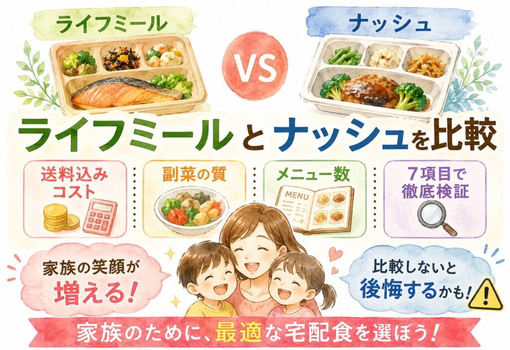 ライフミールとナッシュを比較｜送料込みコスト・副菜の質・メニュー数を7項目で徹底検証